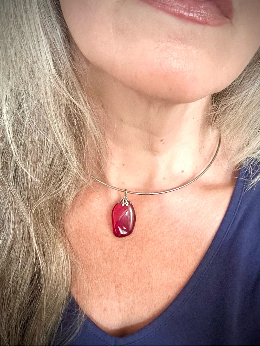 Vintage Silver Choker Necklace with Red Glass Pendant